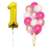 Set 13 Baloane Aniversare 1 An Fată Roz/Rose Gold, Cifra Aurie 81cm, Latex 30cm - Ropet, Decor Petrecere Copii