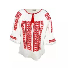 Bluza Tip Ie Traditionala Alba cu Motiv Geometric Rosu de Dama - IMS121