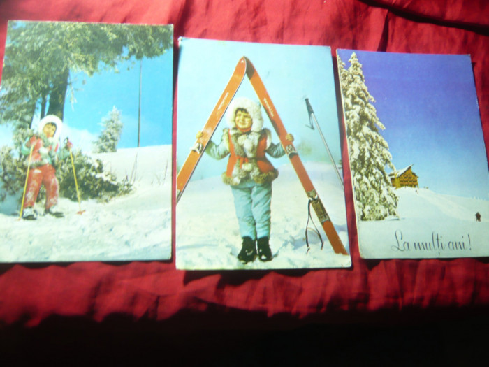 3 Ilustrate - Felicitari - Ski in Bucegi ,anii &#039;70