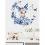 Cumpara ieftin Sticker Perete Autocolant Fetita pe Luna, cu Fluturi 38x38cm - 68151