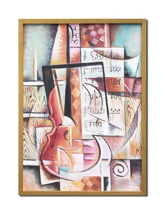 Tablou cubist vioara pictat manual inramat, Sunet pur, 75x55cm ulei pe panza, rama din lemn, Vlad Soltan