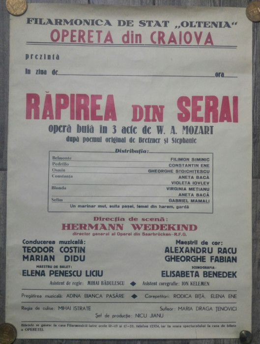 Rapirea din Serai/ afis Filarmonica Oltenia, Opereta din Craiova