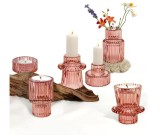 Cumpara ieftin Set suporturi de lumanari Tealight Stalp- roz , sticla groasa cu efect prisma, design elegant pentru nunta si decor masa