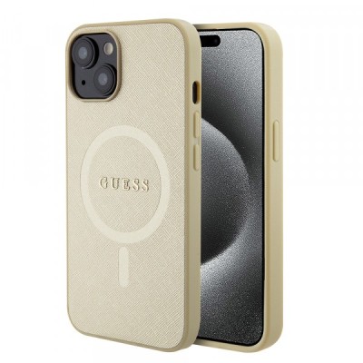Husa MagSafe pentru Apple iPhone 15 Plus, Guess, Saffiano, Aurie foto