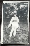 Fotografie tip carte postala, Romania, baiat cu furca, perioada interbelica