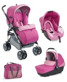 Carucior 3 in 1 Plebani D1 Trio roz cu landou, scoica auto si geanta