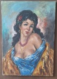 Tablou original pictat manual &ndash; Portret feminin clasic &ndash; Stil romantic &ndash; semnat Tone