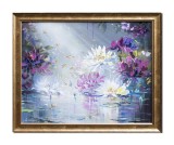Cumpara ieftin Tablou cu rama pictat manual cu nuferi albi si mov, 55x45cm ulei pe panza, Mircea Iordache