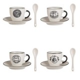 Set Cesti Ceramice cu Farfurioare si Lingurite, 4 Seturi, 90 ml, Alb, CMCLASS