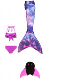 Cumpara ieftin Set 4 piese Costum de baie Model Sirena, include si Inotatoarea pentru fixarea cozii, Albastru/Mov, 120 cm