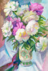 Tablou canvas Flori bujori albi si roz, pictura, buchet, 50 x 75 cm