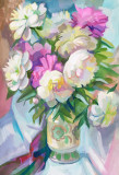 Tablou canvas Flori bujori albi si roz, pictura, buchet, 30 x 45 cm