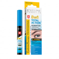 Corector sprancene cu hena Eveline Cosmetics, 8 in 1 Total Action cu colorare progresiva, 10 ml