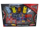 Set 8 Masinute Cars cu Garaj si Accesorii, Metal si Plastic, Multicolor, Baieti 3 ani+ Lightning McQueen, Jackson Storm, Cruz Ramirez