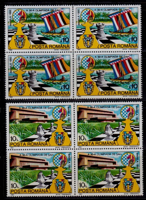 ✅RO 1992 LP 1286 &quot;Olimpiada de sah Manila&quot;, blocuri de 4 ,MNH