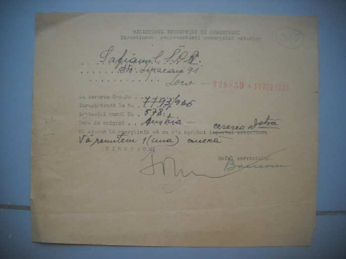 HOPCT DOCUMENT VECHI 318 MINISTERUL INDUSTRIEI COMERT EXTERIOR /BUCURESTI 1936