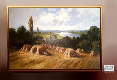 TABLOURI PICTATE MANUAL TABLOU PEISAJ DE VARA, PEISAJ RURAL, LA CULES DE GRAU foto