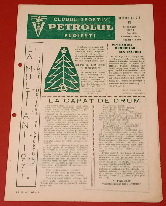 Program meci fotbal PETROLUL Ploiesti - FC ARGES PITESTI(13.12.1970)