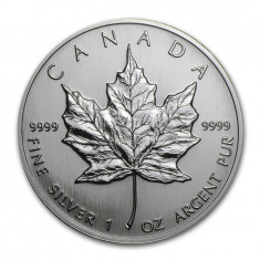 Moneda argint 999 lingou, Maple Leaf 1992 Canada 1 oz=31 grame foto
