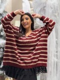 Cumpara ieftin Bluza dama bordo tricotata cu dungi bej, anchior si ursulet din pietricele