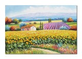 Tablou GIGANT peisaj cu floarea soarelui si lavanda pictat manual, Colt de rai, 100x70cm ulei pe panza in cutit efect 3D