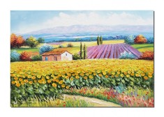 Tablou GIGANT peisaj cu floarea soarelui si lavanda pictat manual, Colt de rai, 100x70cm ulei pe panza in cutit efect 3D