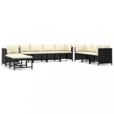 Set mobilier de gradina cu perne, 10 piese, negru, poliratan
