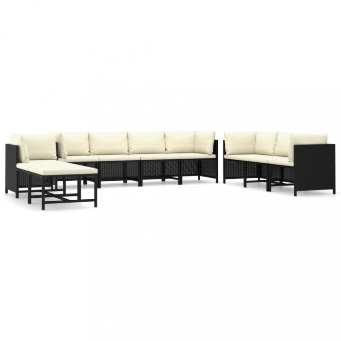 Set mobilier de gradina cu perne, 10 piese, negru, poliratan