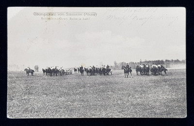 CAMP DE EXERCITII LA SISSONNE , CAVALERISTI FACAND MANEVRE CU TUNURILE , CARTE POSTALA ILUSTRATA , MONOCROMA, DATATA 1916 foto