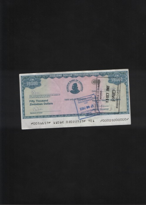 Rar! Zimbabwe 50000 dollars 2003 traveller cheque