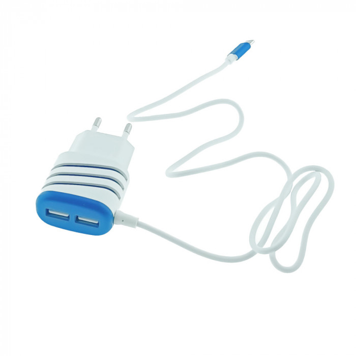 Set incarcator retea, 3.1A, 2 X USB, Elworld JXL-222, cu cablu USB Tip C tata, alb cu albastru