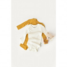 Set 2 body-uri cu maneca lunga bebe unisex din bumbac organic si modal - Mustar/Ecru, BabyCosy (Marime: 3-6 Luni)