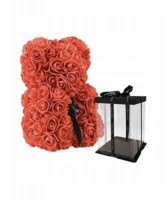 Ursulet Floral DeLuxe Rosu cu fundita, 25 cm + cutie de cadou ManiaMagic foto