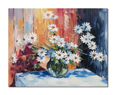 Tablou pictat manual, Vaza cu margarete, 50x40cm ulei pe panza in relief Valentin Pop foto