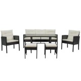 Set mobilier gradina/terasa, negru si bej, ratan sintetic, 1 masa, 2 scaune, 1 canapea, 2 tabureti, Vaduz, Chomik