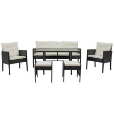 Set mobilier gradina/terasa, negru si bej, ratan sintetic, 1 masa, 2 scaune, 1 canapea, 2 tabureti, Vaduz