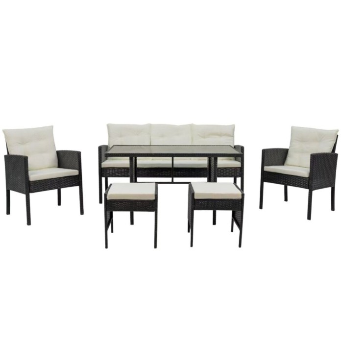 Set mobilier gradina/terasa, negru si bej, ratan sintetic, 1 masa, 2 scaune, 1 canapea, 2 tabureti, Vaduz
