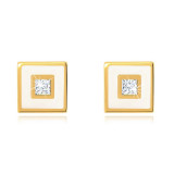 Cercei din aur 375 - pătrat decorat cu smalţ alb, zirconiu transparent