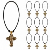 Cumpara ieftin Pachet 10 coliere auriu-crem 42 cm x 2 cu cruciulita 4,4 x 2,7 cm, Muntele Athos si Isus pe lemn, snur textil negru reglabil, cadou crestin