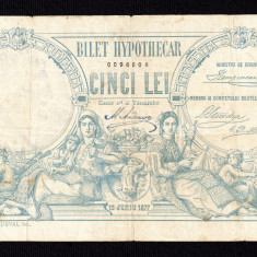 ROMANIA 5 LEI - 1877 , Bilet Hypothecar cu 4 semnaturi . Piesa foarte rara .