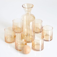 Set decantor 1200 ml cu 6 pahare 260 ml din sticla fumurie si dop din lemn