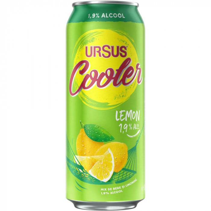 Bere Blonda cu Lamaie Ursus Cooler, 0.5 l, 24 Buc/Bax, Bere Ursus Cooler 500 ml, Bere cu Lamaie 500 ml, Bere Doza 500 ml, Beri, Bere cu Lamaie 0.5 l U