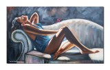 Cumpara ieftin Tablou tanara pe canapea pictat manual dormitor, living, SENZUAL, 100x60cm ulei pe panza, Mircea Iordache