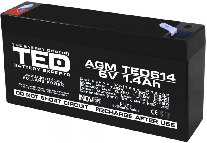 Acumulator AGM VRLA 6V 1,4A dimensiuni 97mm x 25mm x h 54mm F1 TED Battery Expert Holland TED002839 (40) SafetyGuard Surveillance