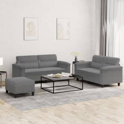 vidaXL Set de canapele cu perne, 3 piese, gri &amp;icirc;nchis, microfibră foto