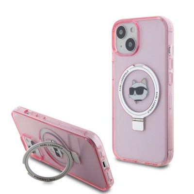 Husa pentru iPhone 15 / iPhone 14 / iPhone 13 - Karl Lagerfeld Hardcase Ring Stand MagSafe (KLHMP15SHMRSCHP) - Pink Choupette Head foto
