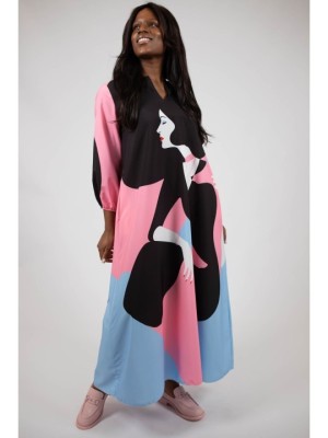 ROCHIE MAXI CU BUZUNARE SI MANECA LUNGA RETRO LADY TALIE UNICA Multicolora foto