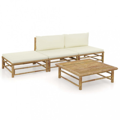 Set mobilier de grădină, 4 piese, perne alb crem, bambus foto