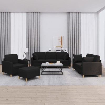 vidaXL Set de canapele cu perne, 4 piese, negru, material textil 3202082 foto