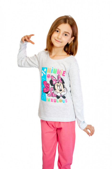 Pijama copii, cu maneca si pantalon lung, Disney Minnie, 100% Bumbac, Roz